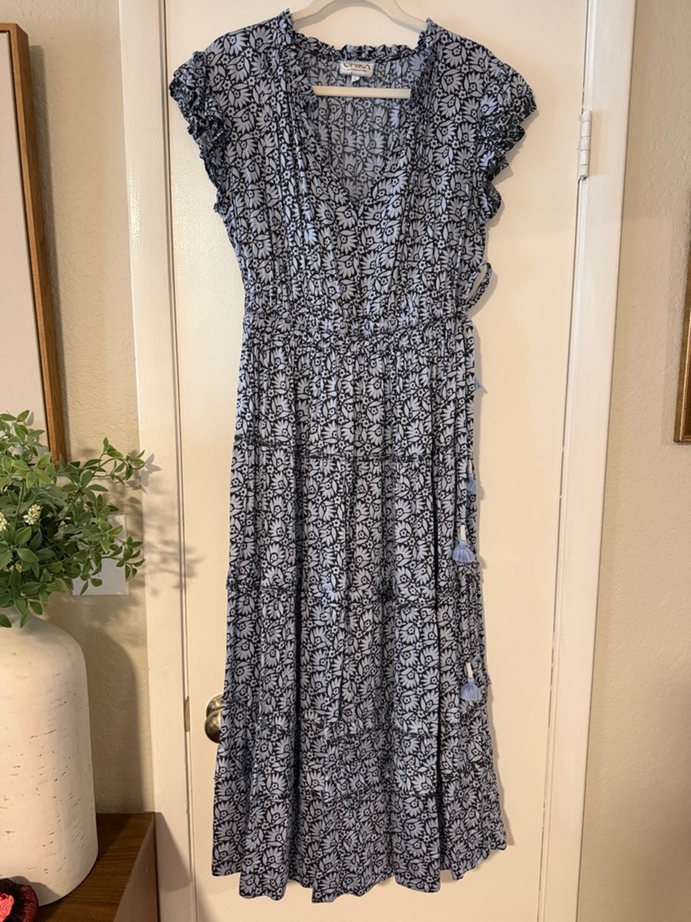 Blue Floral Midi Wrap Dress with Smocked Waist